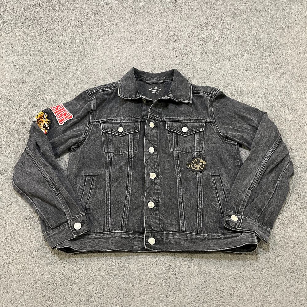 Gap Kids 1969 Washed Black Graphic Patches Denim Trucker Jacket Kids Size XXL